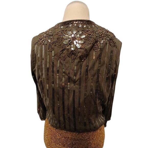 VNT Beaded Sequins Bolero Shrug Sz M Brown Sparkle Wedding Party Elegant Regency - Picture 9 of 16